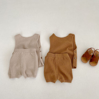 Vest Open Button Top Shorts Boys And Girls Baby 2 Pieces Suit