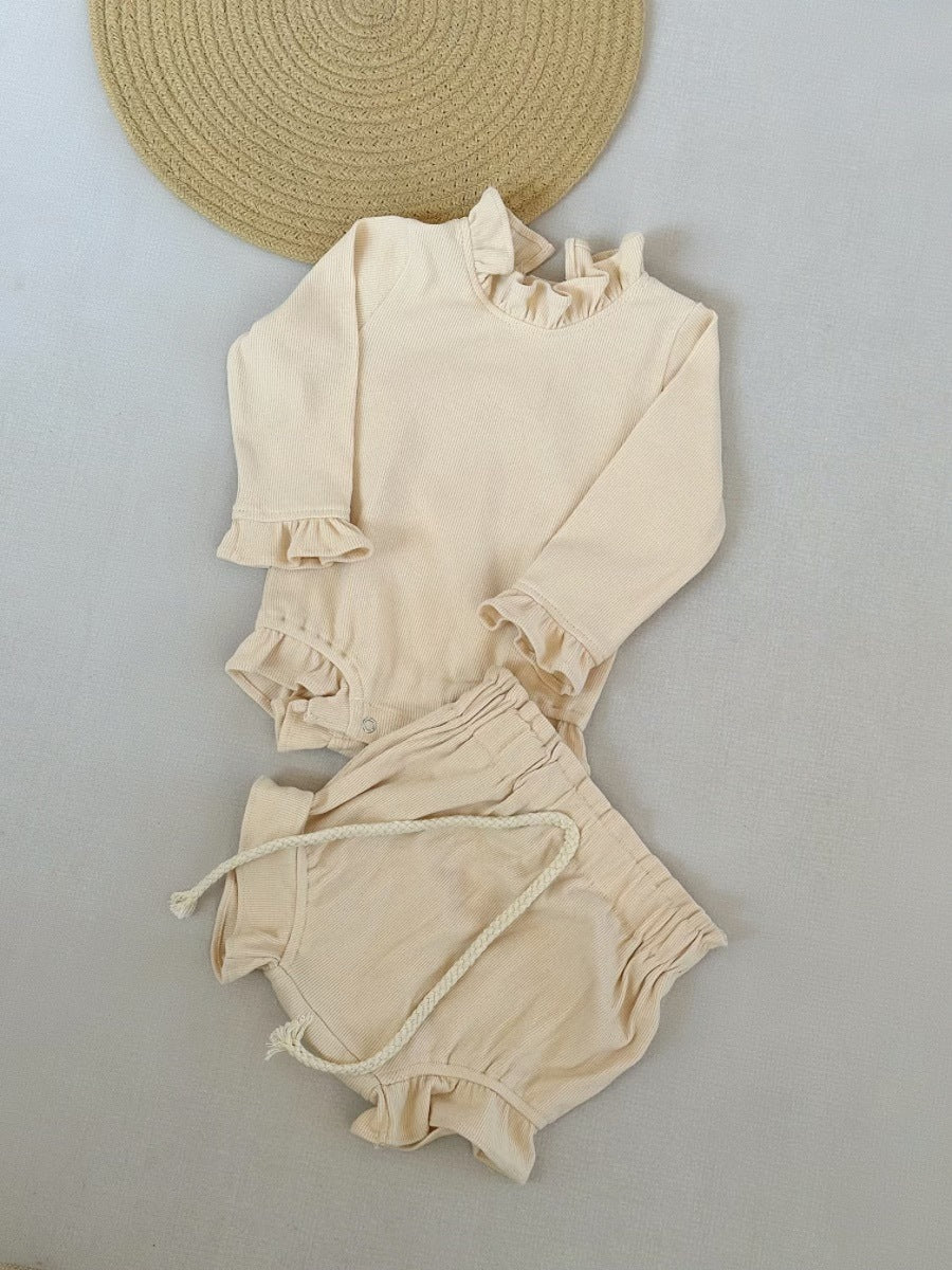 Rib Cotton Short Sleeve Wooden Ear Rompers Jumpsuit