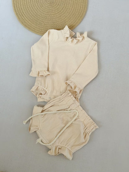 Rib Cotton Short Sleeve Wooden Ear Rompers Jumpsuit