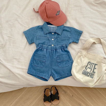 Denim Short Sleeve Pocket Top Boyshorts Baby Boy Suit