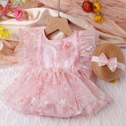 Two-piece Newborn Embroidery Floral Lace Mesh Jumpsuit