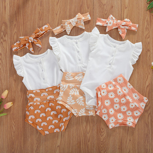 Infant And Toddler Suits Baby Girl Dark Button White Top  Printed Shorts Suit Thre-piece Set