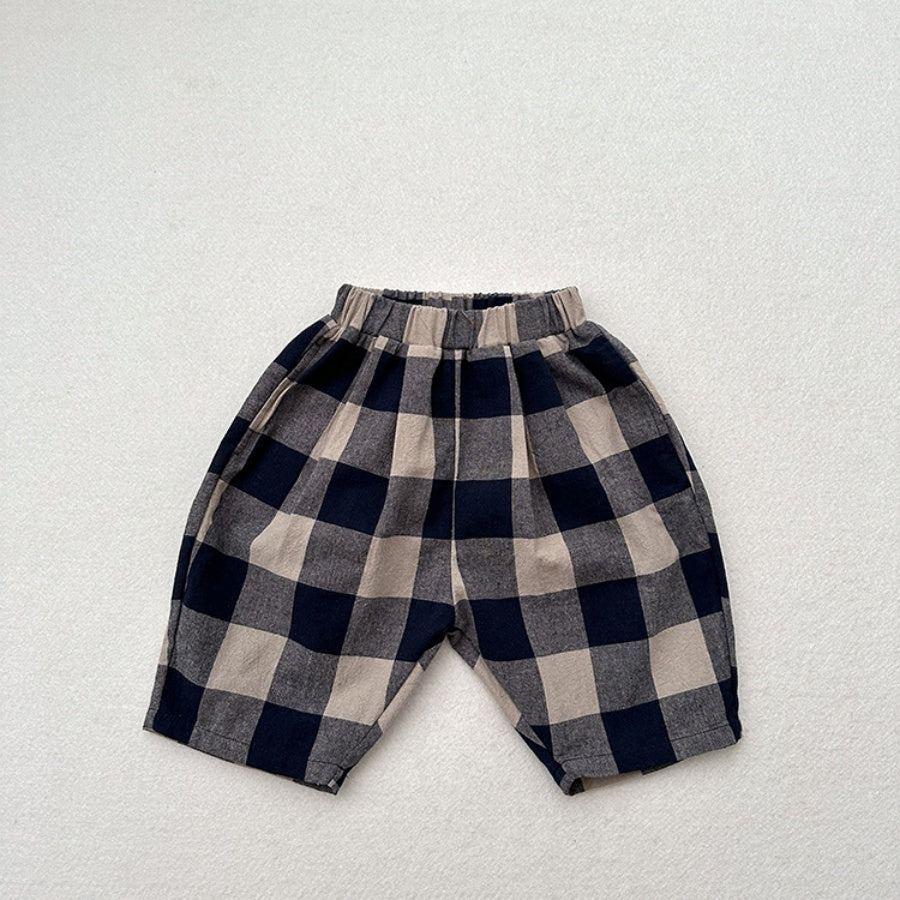 Retro Blue Plaid Casual Capri Pants Children's Middle Pants