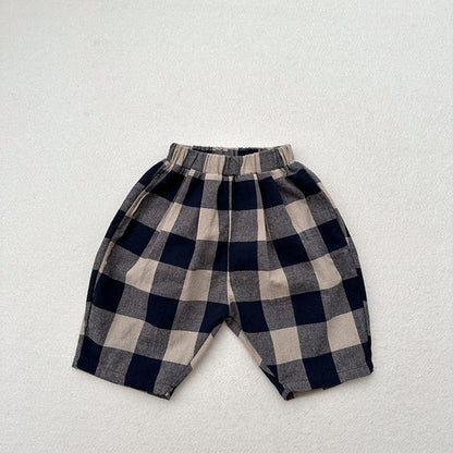 Retro Blue Plaid Casual Capri Pants Children's Middle Pants