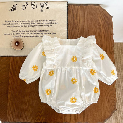 Sweet Daisies Embroidery Rompers Long Sleeve Onesie