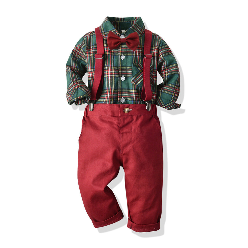 Boys' Cotton Long Sleeved Shirt And Overalls Set