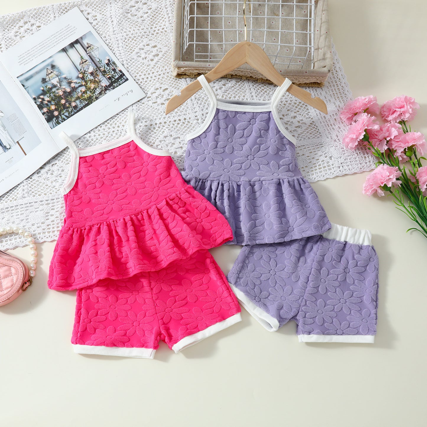 Printed Suspender Top Solid Color Shorts Suit