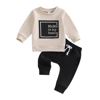 Ensemble deux pièces haut à manches longues imprimé lettre et pantalon de couleur unie