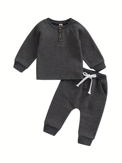 Toddler Thicken Waffle Clothes Set Boy Girls Buttons Round