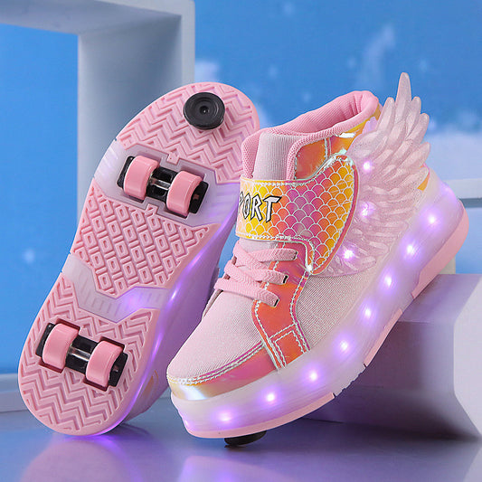 Patines de ruedas dobles con alas deformadas y luz LED para niños