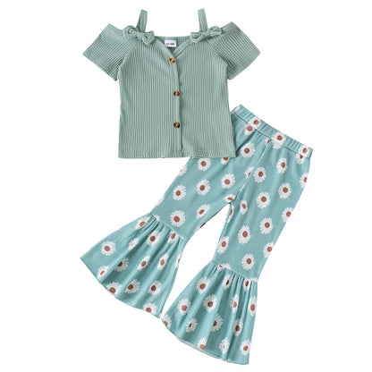 Girls' Sling Shirt Wide Leg Pants Suit