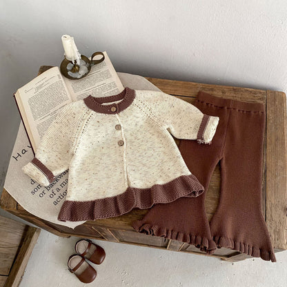 Baby Dot Yarn Ruffled Knitted Cardigan Coat Knitted Bell-bottom Pants