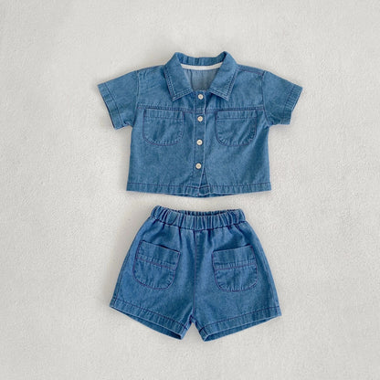 Denim Short Sleeve Pocket Top Boyshorts Baby Boy Suit