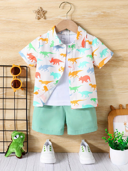 Baby Short Sleeve Shorts Cardigan Two-piece Set Animal Dinosaur Print