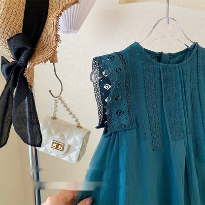 Girls' Summer Green Mesh Stitching Sleeveless Lace Vest Dress