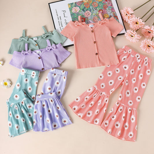 Girls' Sling Shirt Wide Leg Pants Suit