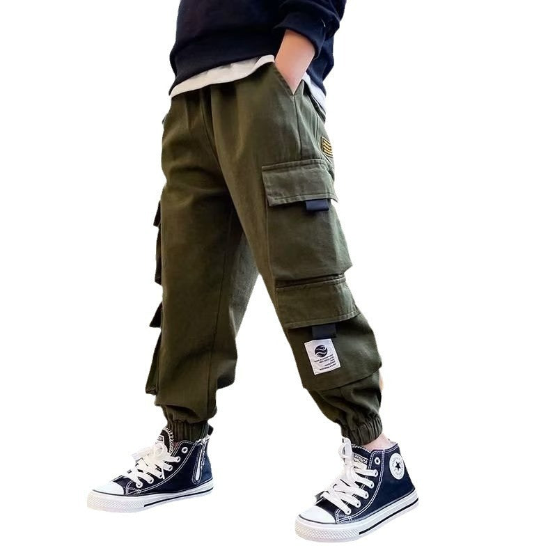 Men's Medium And Large Children's Multi-bag Fleece Ankle-tied Casual Working Pants Tide