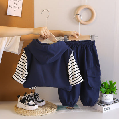 Handsome Boy Casual Spring And Autumn New Big Pocket Hoodie Vest Three-piece