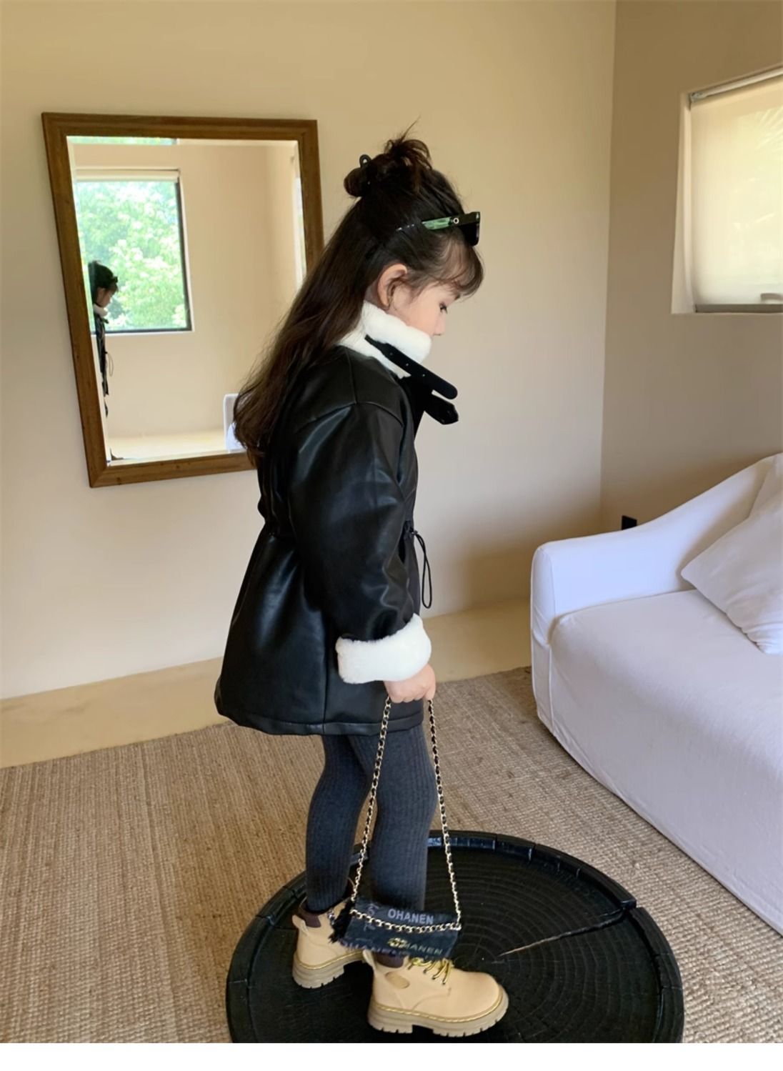 Girls' Winter Fleece-lined Medium Leather Coat