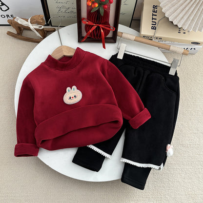Ensemble de survêtement bébé en polaire d'hiver, doublure molletonnée, épaissie, style coréen, ensemble pantalon une pièce effet deux pièces