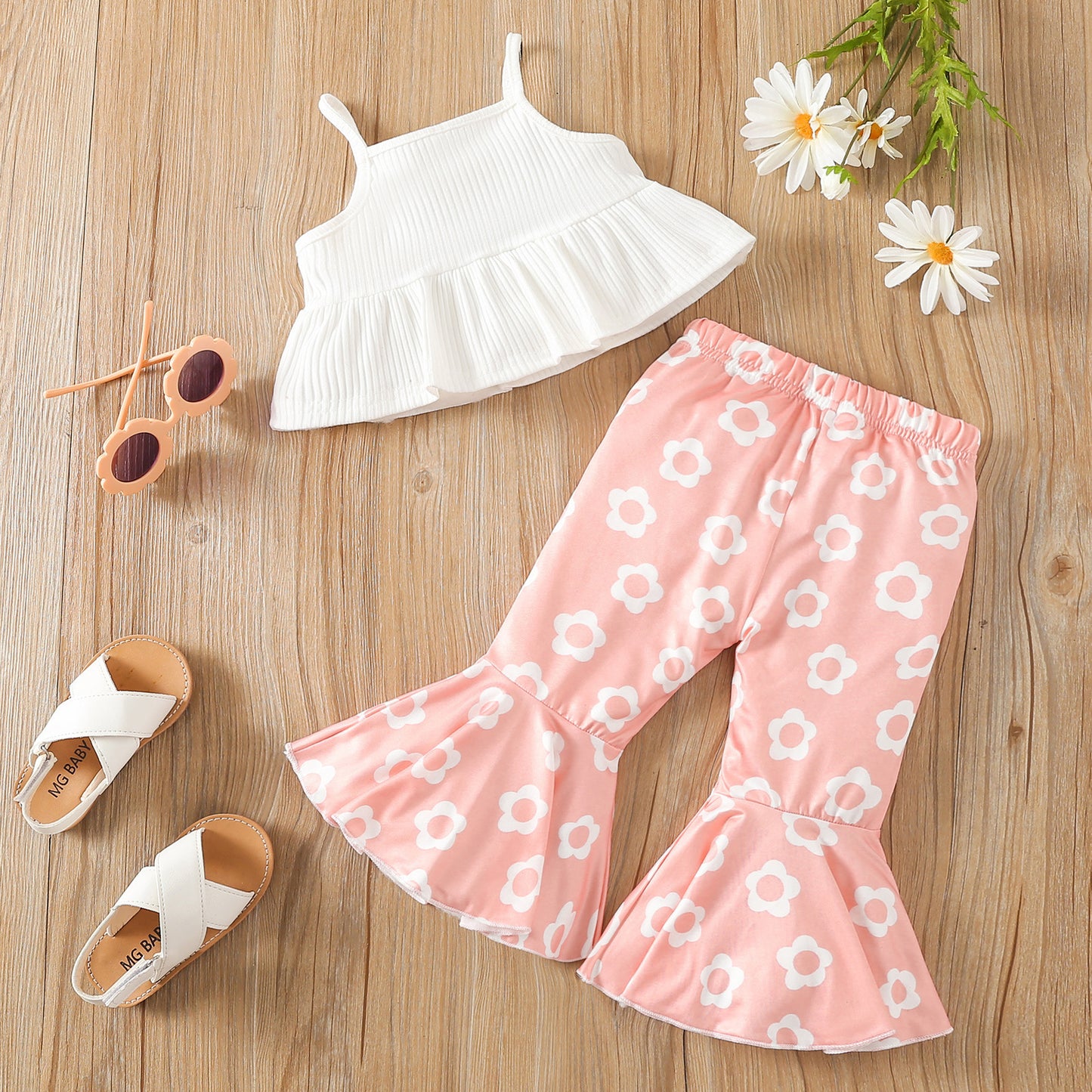 Children's Summer Spaghetti-strap Floral Print Cotton Flared Pants Suit