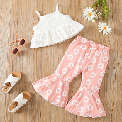 Children's Summer Spaghetti-strap Floral Print Cotton Flared Pants Suit
