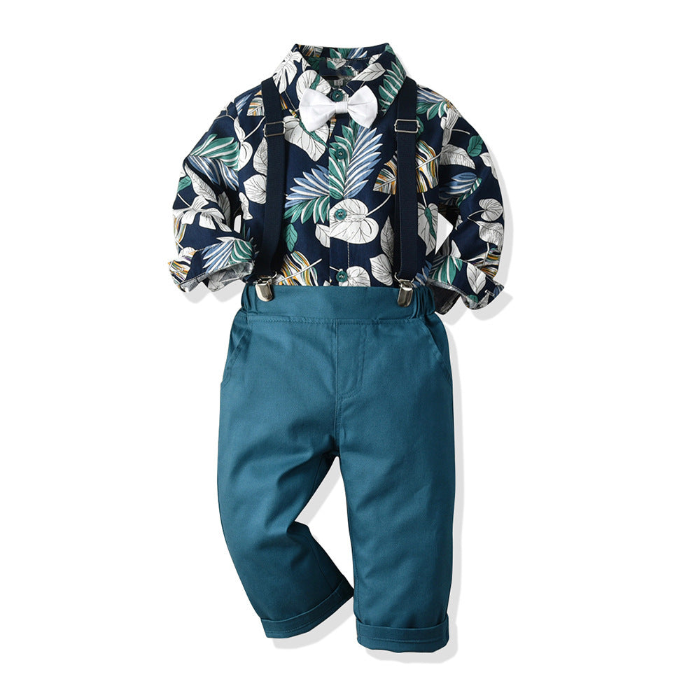 Boys' Cotton Long Sleeved Shirt And Overalls Set