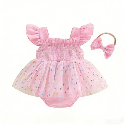 Barboteuse en maille pour filles et bébés avec une jupe en tulle et un nœud