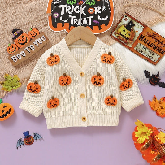 Baby Halloween Three-dimensional Pumpkin Pattern Knitted Long-sleeved V-neck Cardigan