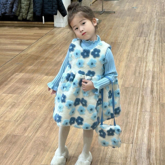 Winter New Girls' Sweater With Stringy Selvedge Flower Fleece-lined Vest Dress