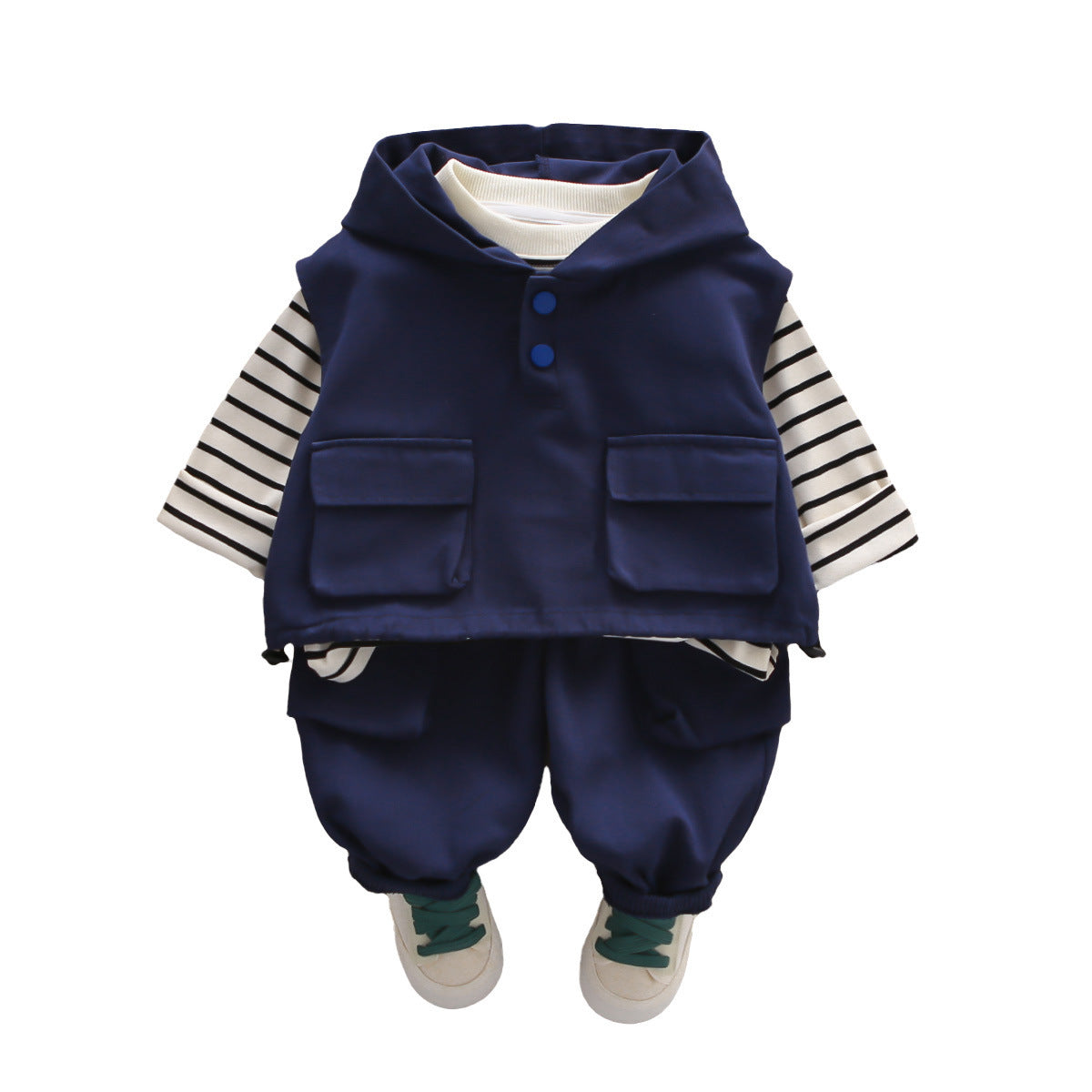 Handsome Boy Casual Spring And Autumn New Big Pocket Hoodie Vest Three-piece