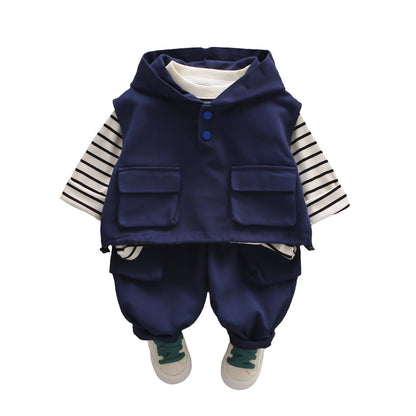 Handsome Boy Casual Spring And Autumn New Big Pocket Hoodie Vest Three-piece