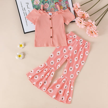 Girls' Sling Shirt Wide Leg Pants Suit