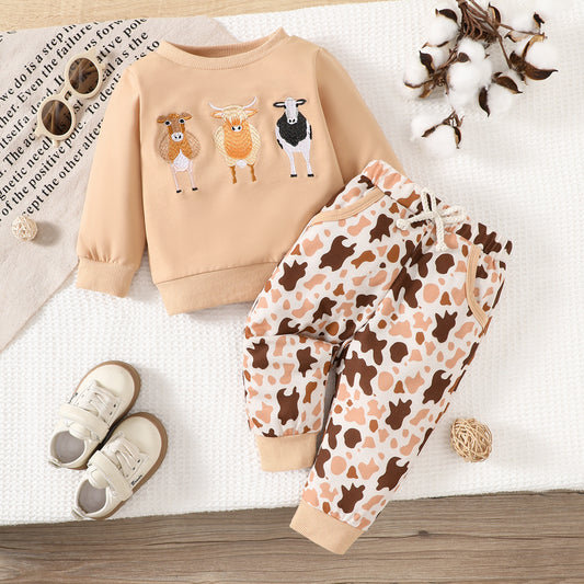 Children's Casual Suit Calf Embroidered Printed Long Sleeve Two-piece Set