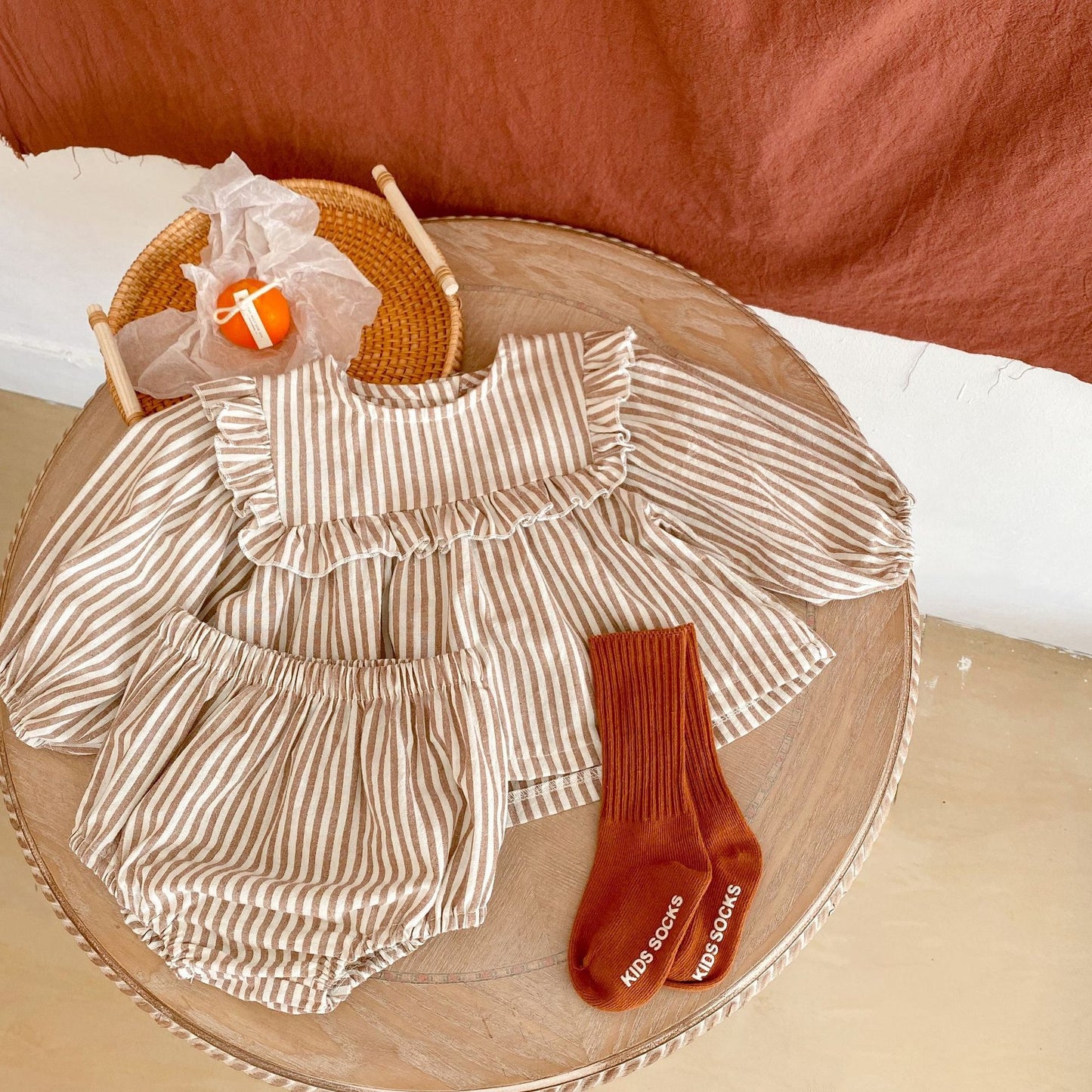Cotton Baby Ruffle Collar Striped Long Sleeved Skirt Bread Pants Set