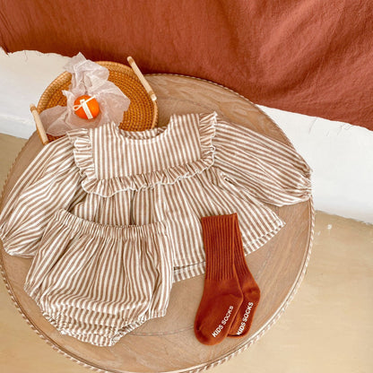 Cotton Baby Ruffle Collar Striped Long Sleeved Skirt Bread Pants Set