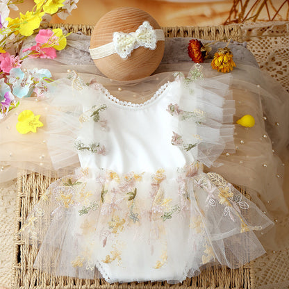 Two-piece Newborn Embroidery Floral Lace Mesh Jumpsuit