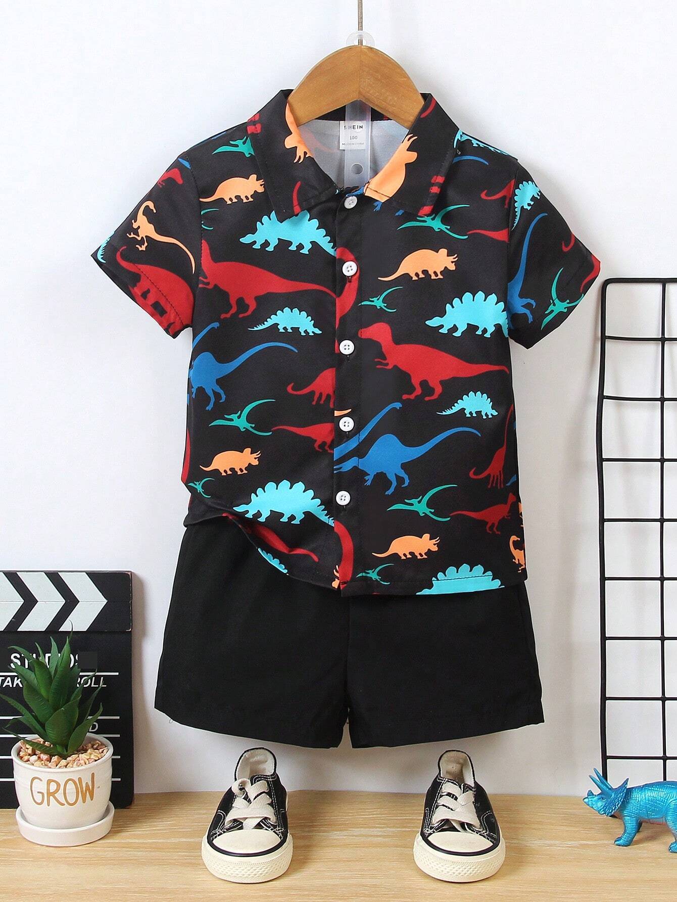 Baby Short Sleeve Shorts Cardigan Two-piece Set Animal Dinosaur Print