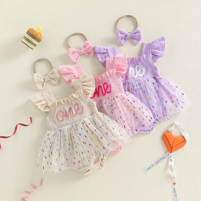 Barboteuse en maille pour filles et bébés avec une jupe en tulle et un nœud