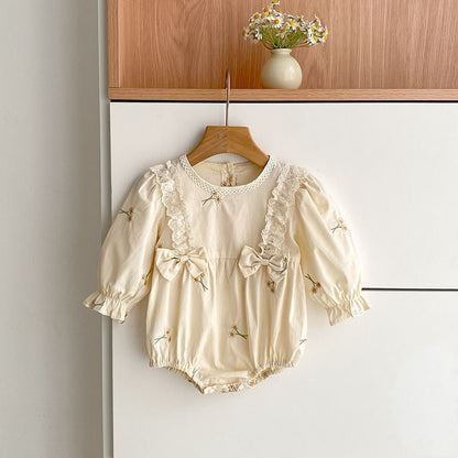 Baby Bodysuit With Long Sleeves Bow And Embroidery