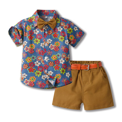 Bowknot Short-sleeved Cardigan Boys' Shorts Two-piece Set