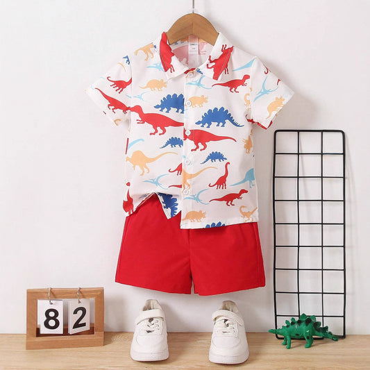 Baby Short Sleeve Shorts Cardigan Two-piece Set Animal Dinosaur Print