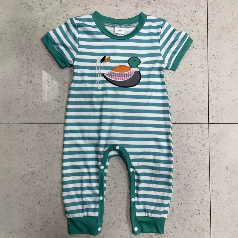 Short Sleeve Striped Embroidery Pattern One-piece