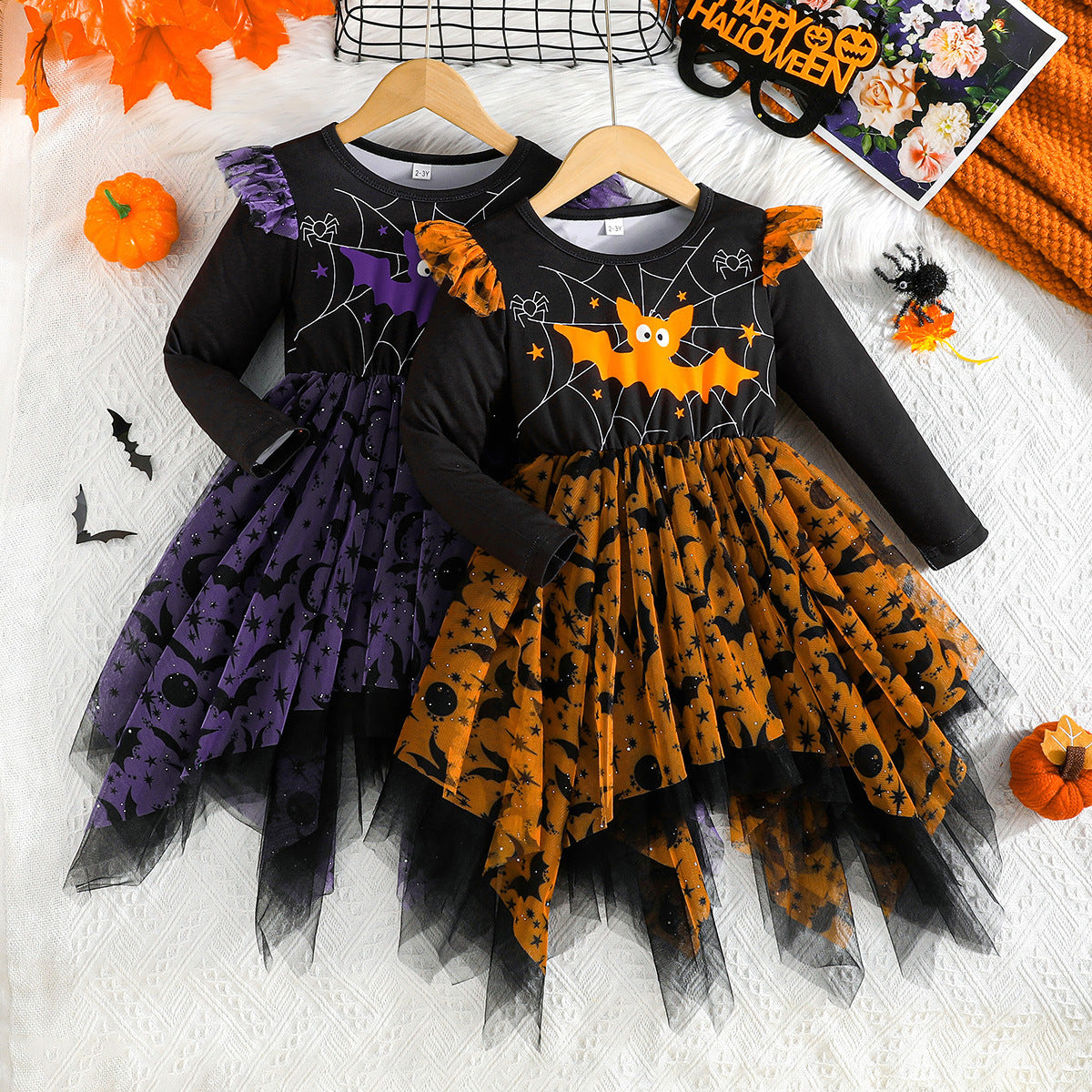 Mesh Irregular Hem Hanging Corner Printing Fashion Girls Dress