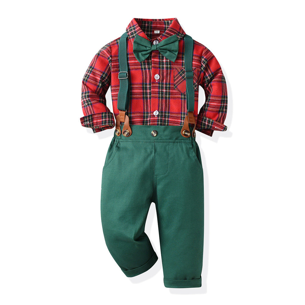 Boys' Cotton Long Sleeved Shirt And Overalls Set