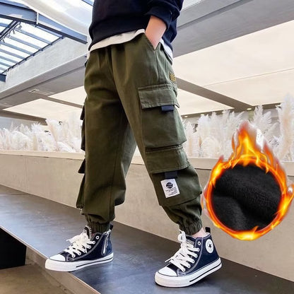 Men's Medium And Large Children's Multi-bag Fleece Ankle-tied Casual Working Pants Tide