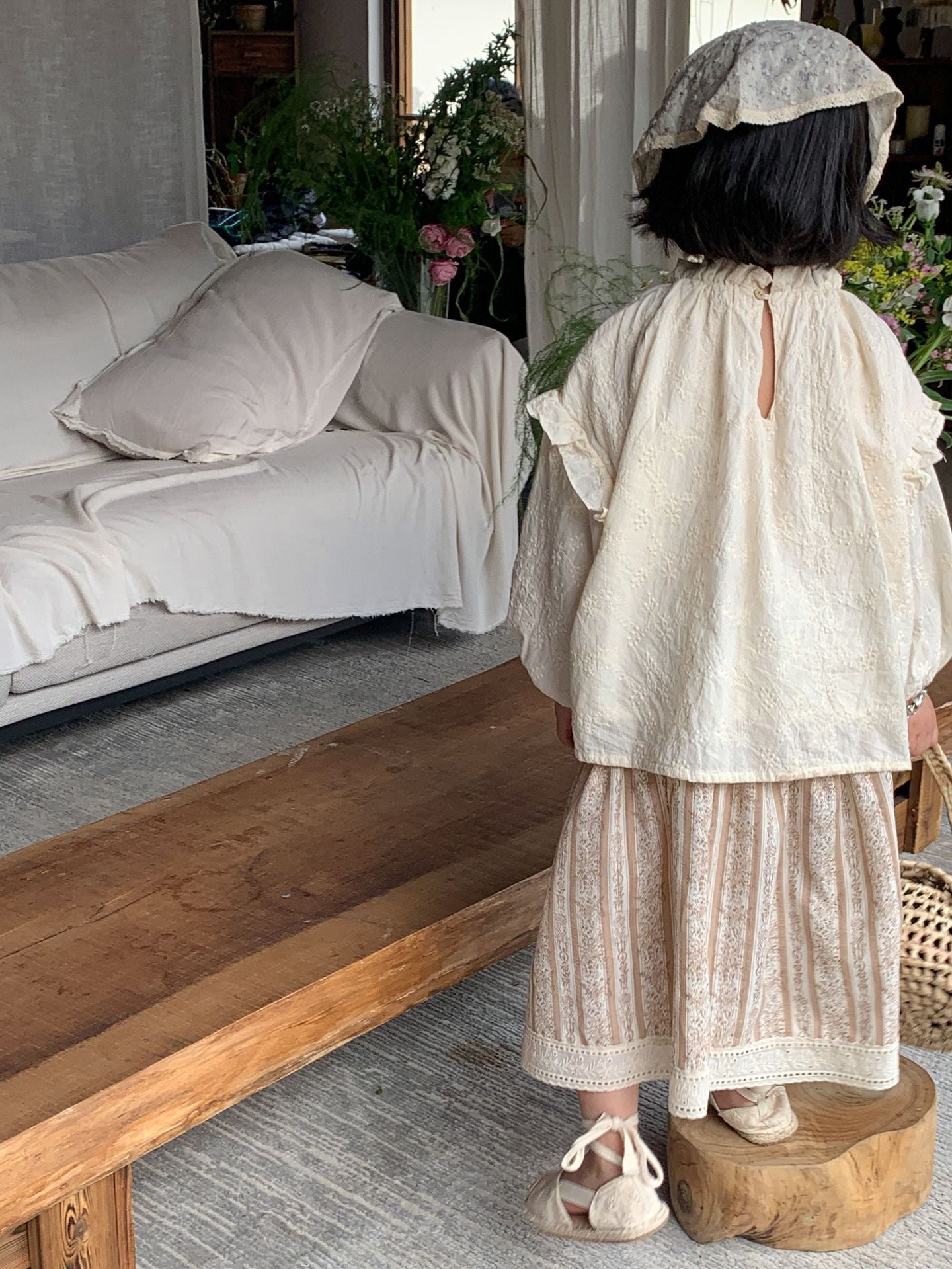 Girls' Top Puff Sleeve Floral Shirt Floral Waist Skirt