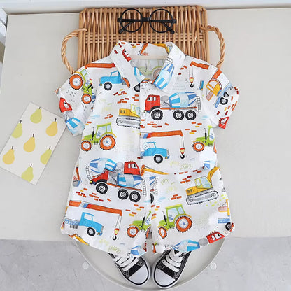 Baby Short Sleeve Shorts Cardigan Two-piece Set Animal Dinosaur Print