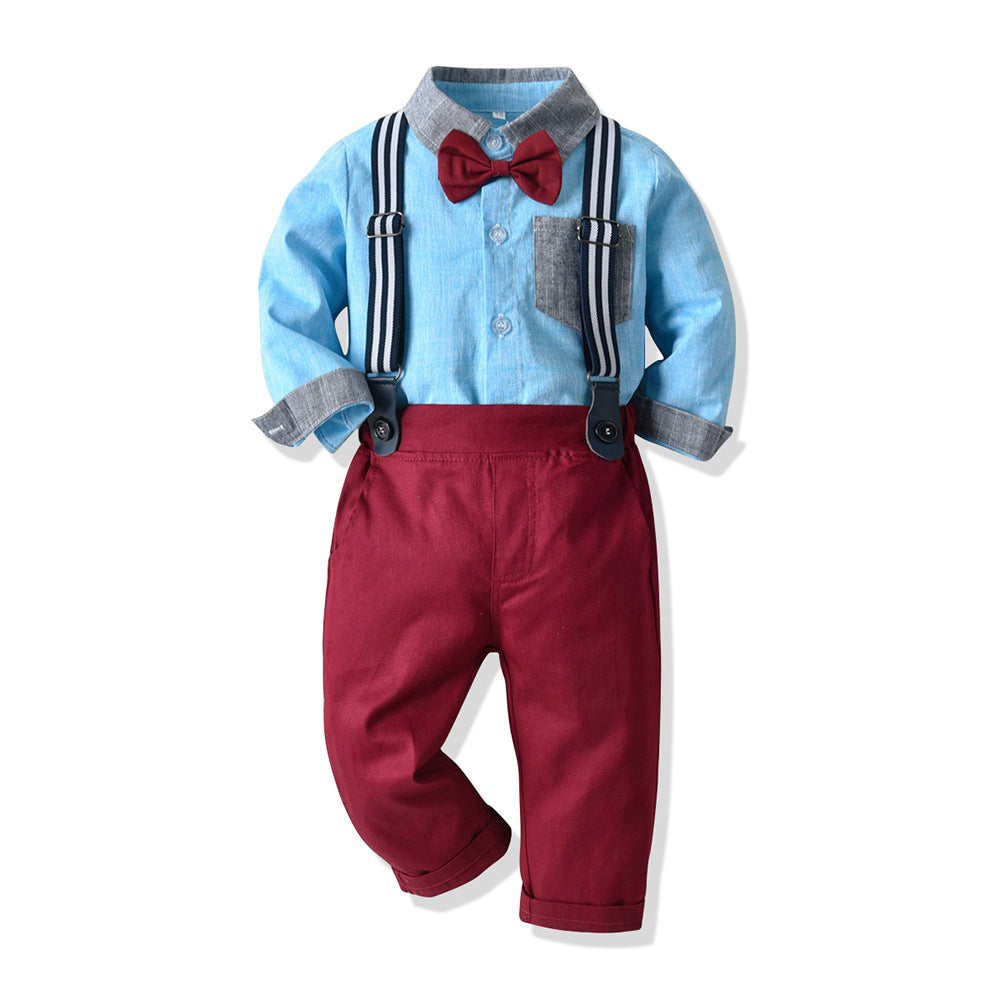 Boys' Cotton Long Sleeved Shirt And Overalls Set