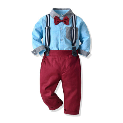 Boys' Cotton Long Sleeved Shirt And Overalls Set
